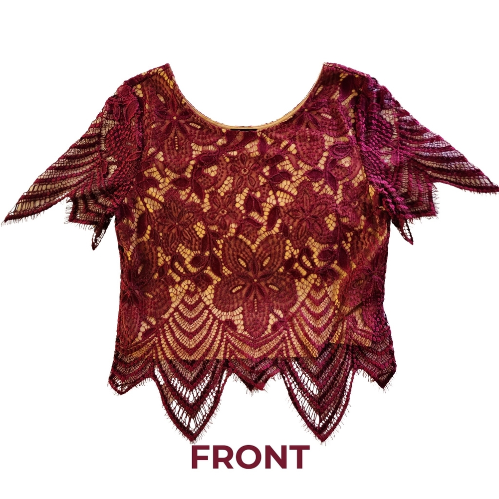 Express Wine Lace Overlay Lined Crop Top